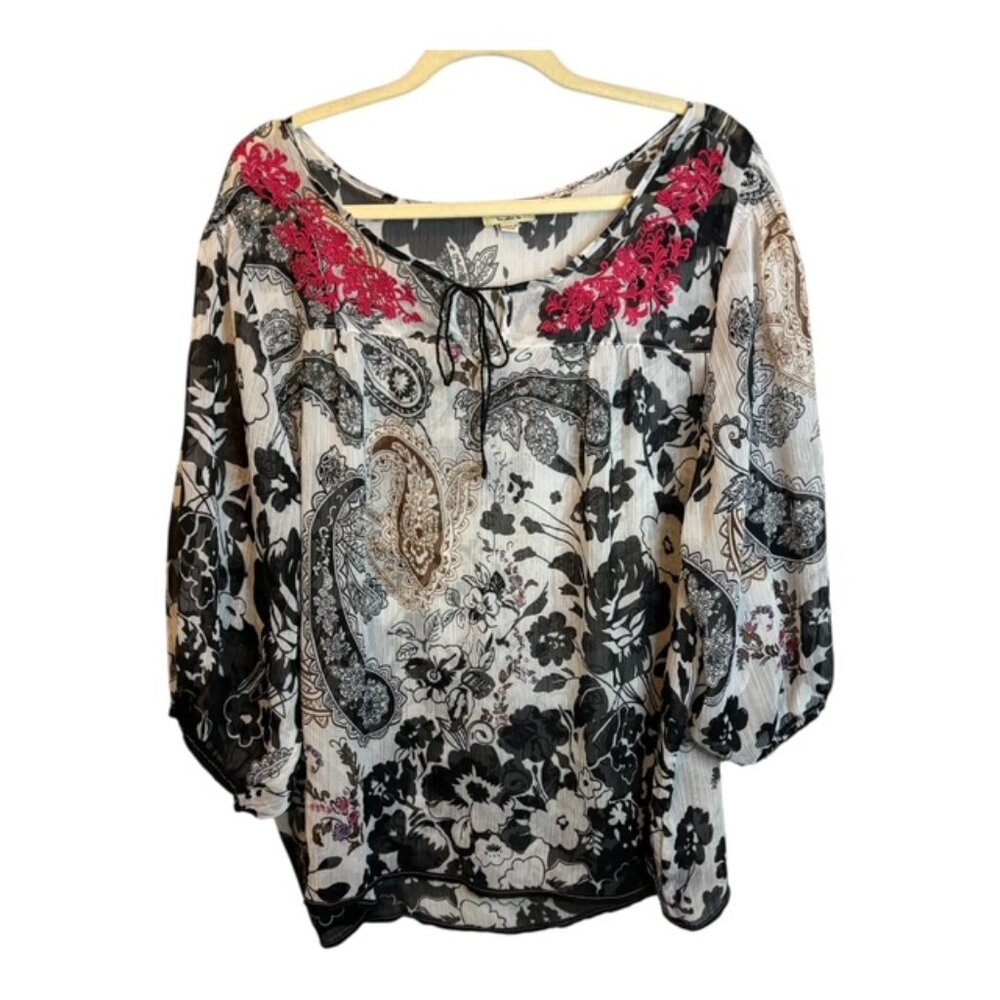 One World‎ Blouse Women's Size XL Sheer Floral Lightweight Paisley Black White